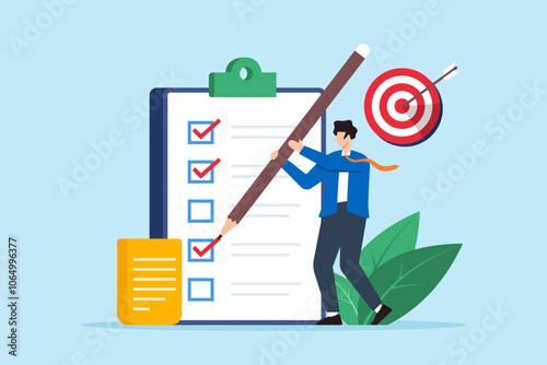 Flat illustration of startup founder mark goal or target use pencil on business checklist in clipboard with bullseye