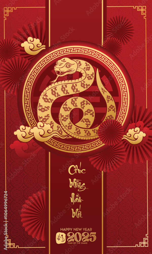 Happy New Year 2025 year of the snake with peach blossom on lucky red background of vietnamese culture. Happy New Year 2025 zodiac sign snake Happy New Year 2025 year of the snake with peach blossom on lucky red background of vietnamese culture. Happy New Year 2025 zodiac sign snake