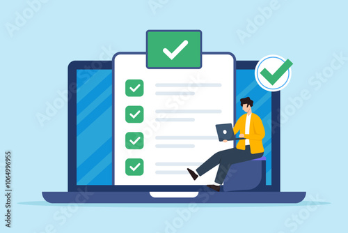 Flat illustration of remote worker complete business checklist on online digital platform