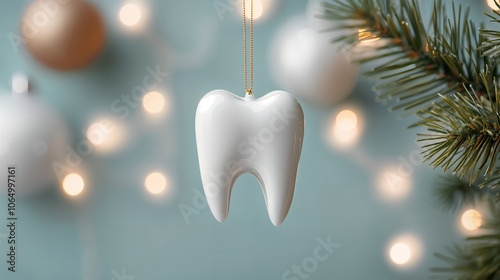 Porcelain 3D tooth Christmas ornament hang on pine with soft bokeh holiday lights. Holiday and dental care theme. For greeting card, invitation, advertisement