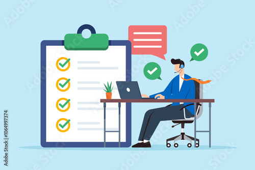 Flat illustration of operator of call center agent or customer service working in headphone and mic sitting at desk with laptop computer checklist and checkmark