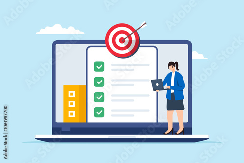 Flat illustration of businesswoman use laptop computer update checklist target for marketing campaign with bullseye