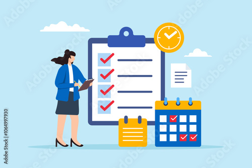 Flat illustration of woman event planner checking business checklist with calendar and note schedule management time planning