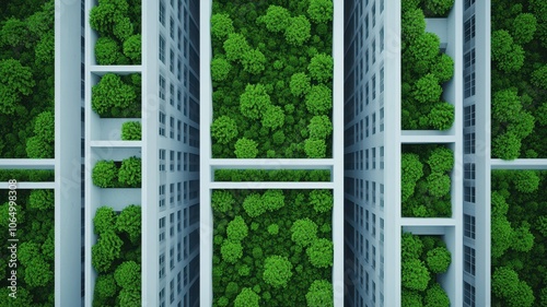 Aerial view of modern buildings interspersed with lush greenery, highlighting urban architecture and nature's integration.