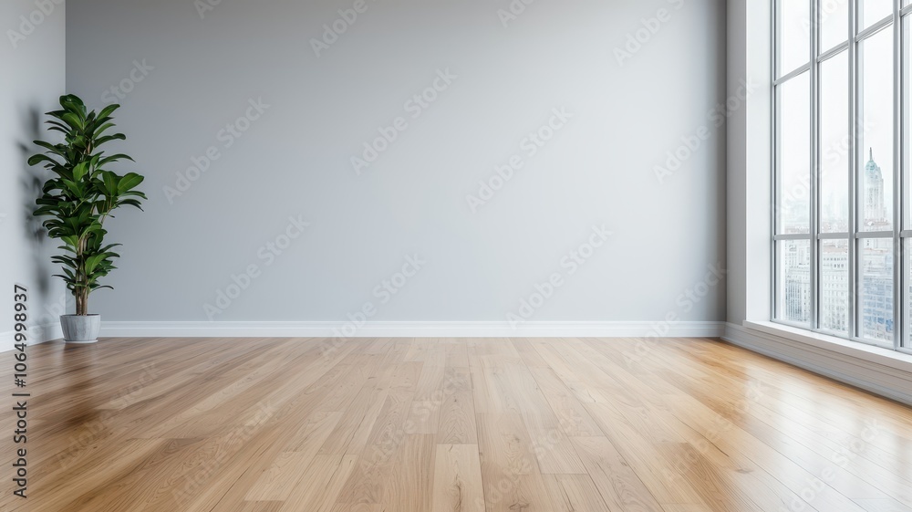 A spacious, empty room with hardwood flooring, a minimalist aesthetic, natural light from large windows, and a single potted plant in the corner. A spacious, empty room with hardwood flooring, a minimalist aesthetic, natural light from large windows, and a single potted plant in the corner.