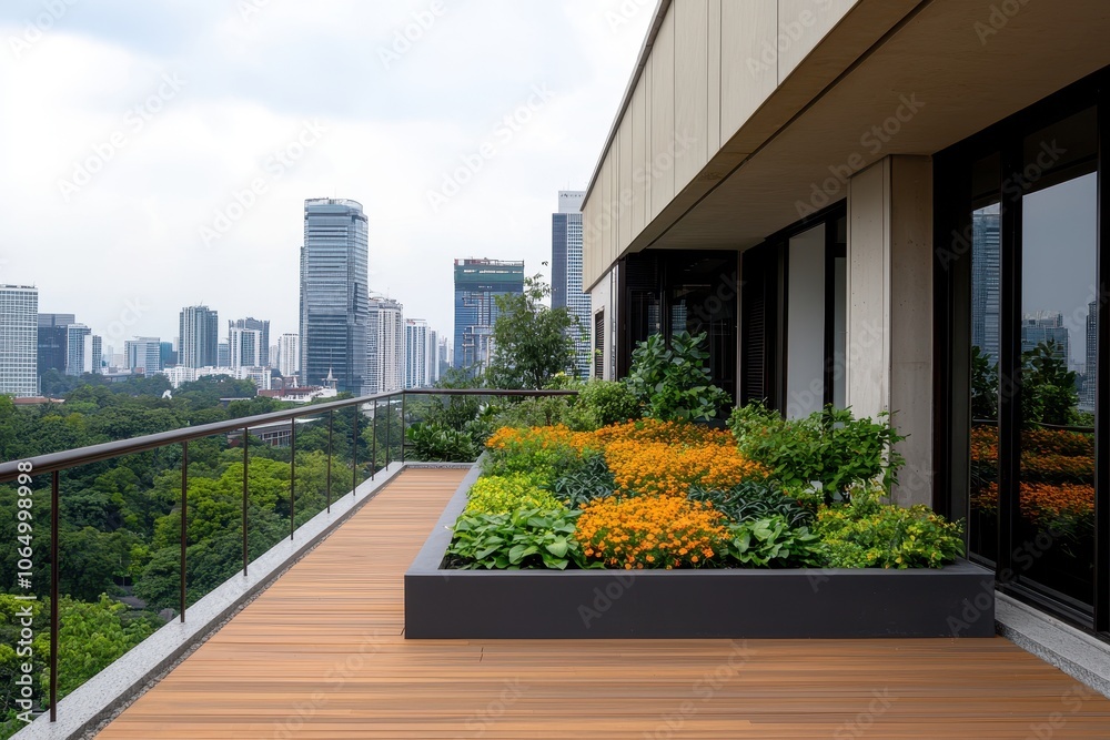 Naklejka premium A modern balcony features vibrant flowers and greenery, offering a picturesque view of a city skyline amid a lush urban landscape.