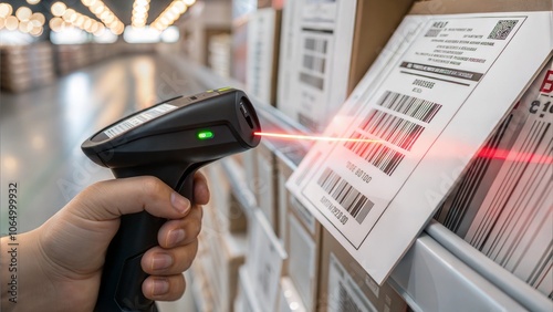 Warehouse worker scanning barcode on a package with a handheld scanner