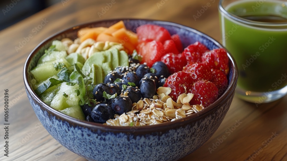 Vibrant and Nutritious Oatmeal Breakfast with Green Tea,Concept of healthy eating, balanced diet, morning routine, wellness, natural ingredients. Vibrant and Nutritious Oatmeal Breakfast with Green Tea,Concept of healthy eating, balanced diet, morning routine, wellness, natural ingredients.