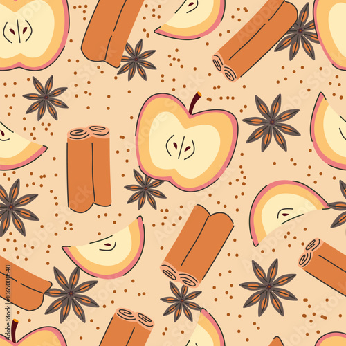Seamless pattern of apples with anise stars, cinnamon, nutmeg, and cloves. Winter spices on beige background.