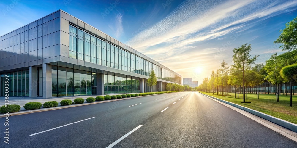 Fototapeta premium Empty road leading to modern building exterior, urban, architecture, cityscape, empty, street, paved, sidewalk