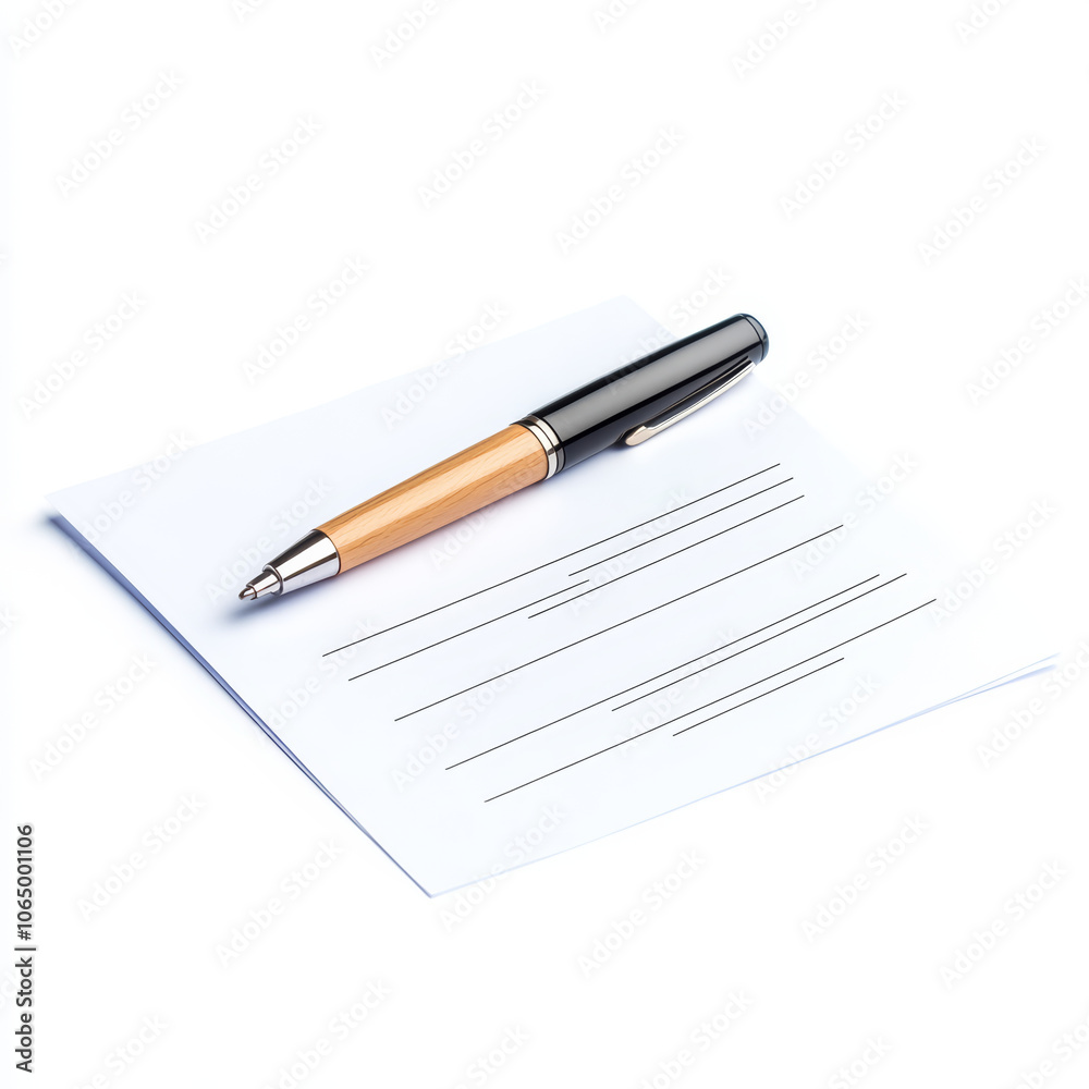 sleek pen rests on blank sheet of paper, ready for important notes or signatures. clean design evokes sense of professionalism and readiness for action