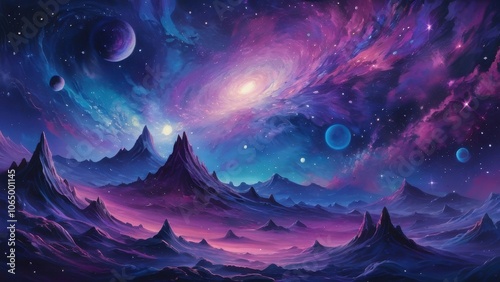 A stunning cosmic landscape featuring swirling galaxies and ethereal colors, perfect for science fiction or fantasy themes photo