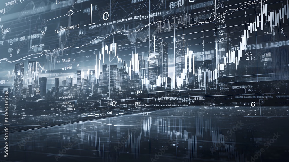 Naklejka premium Financial Data Over Cityscape. Image Illustration background for presentation and wallpaper 
