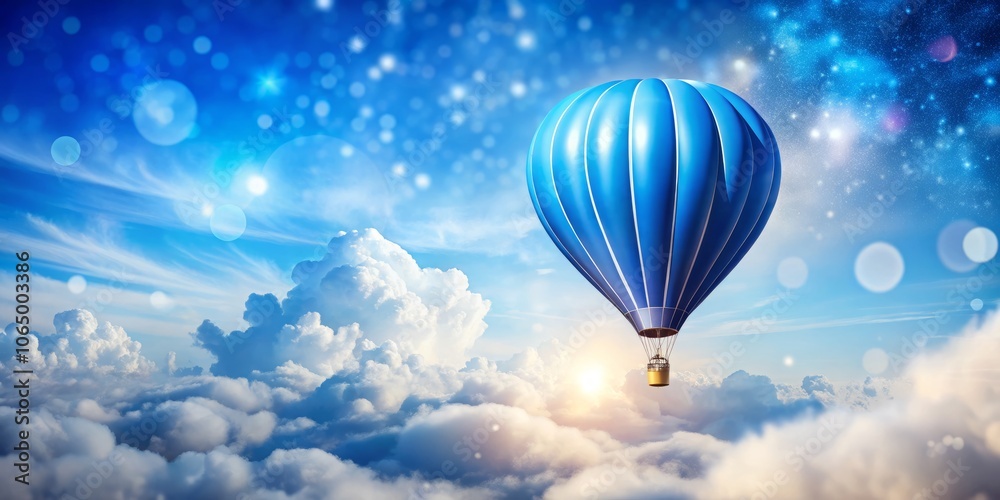 Obraz premium Serene Blue Hot Air Balloon Soars Through a Clear Sky with Fluffy White Clouds and Beautiful Bokeh Effect, Perfect for Travel and Adventure Photography Enthusiasts