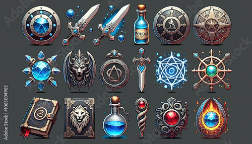 Fantasy RPG Icons with Dragons Shields Magic Potions and Armor