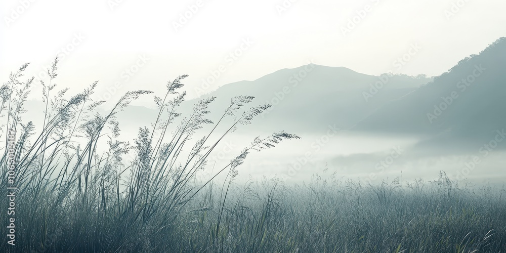 Obraz premium Misty landscape with tall grass and distant mountains in soft focus.