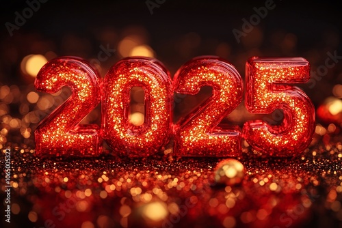 New Year Rad and Golden lighting shine numbers 2025. Golden festive bokeh background. Celebrations Welcome to 2025. Sign Lighting New Year 2025. Christmas concept, gretting card, 3d illustration photo