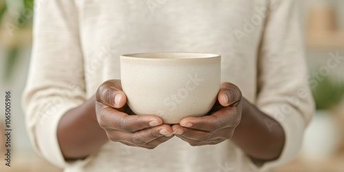 Person holding a simple ceramic bowl in a cozy environment.