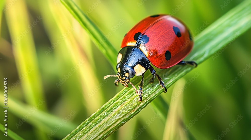 A vibrant ladybug perched on a green blade of grass, showcasing its striking red shell adorned with black spots. A vibrant ladybug perched on a green blade of grass, showcasing its striking red shell adorned with black spots.