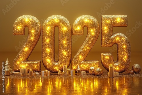 New Year Golden lighting numbers 2025. Golden festive bokeh background. Celebrations Welcome to 2025. Sign yellow Lighting New Year 2025. Christmas concept, gretting card, 3d illustration photo