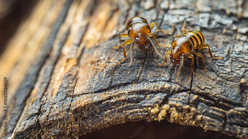 Two small insects on textured wood, showcasing their detailed features and natural habitat. Two small insects on textured wood, showcasing their detailed features and natural habitat.
