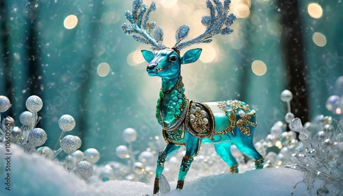 Firefly robotic whimsical teal deers make of ceramic and metal, robot like body and features, playing in ice forest shiny and delicate pearls