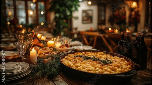 Christmas dinner table with a variety of traditional Portuguese dishes, including bacalhau and broa de milho, candle-lit, rustic decor, festive ambiance photo