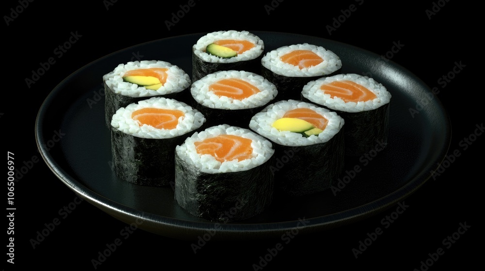 Artistic Uramaki Rolls on a Black Plate Artistic Uramaki Rolls on a Black Plate