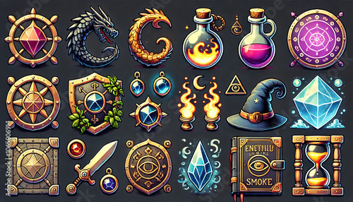 Fantasy RPG Icons with Enchanted Books Wizard Hats and Mystical Symbols