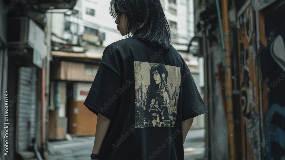 Fototapeta premium Black oversized vintage-style T-shirt with washed finish, featuring both front and back designs.