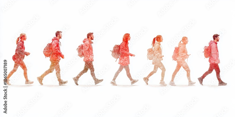 Fototapeta premium Sequence of hikers walking, showcasing diverse outdoor adventure attire.