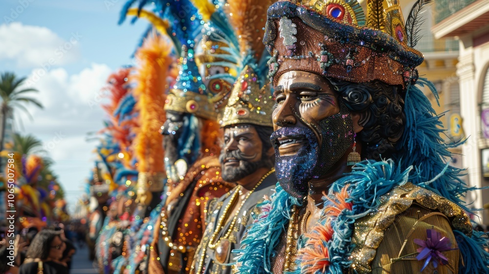 Obraz premium Rio Carnival . Floats adorned with feathers, sequins, and giant papier-masher figures parade down the streets.
