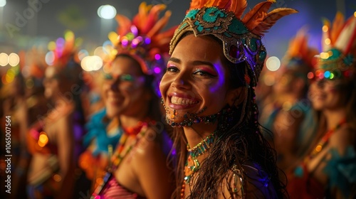 A group of revelers immersed in the vibrant colors and energetic rhythms of the Rio Carnival in Brazil, surrounded by elaborate costumes and pulsating samba music.