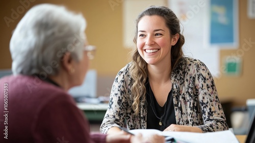 A social worker smiles while attentively listening to a senior client in a collaborative and welcoming office setting, fostering communication and trust