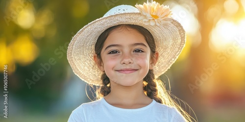 Smiling girl wearing straw hat, outdoor setting, warm sunlight backdrop. photo