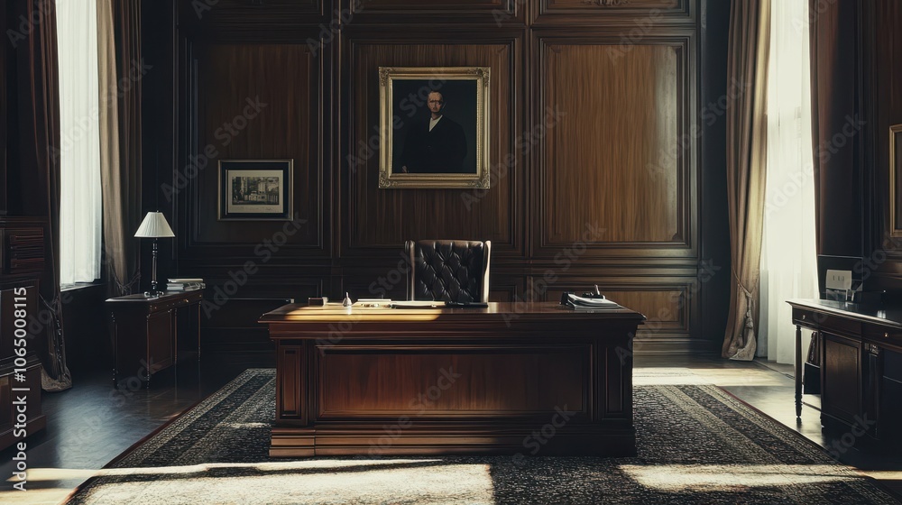 Fototapeta premium A stylish home office with a leather chair and large windows showing a lush garden view, blending nature with modern workspace design.