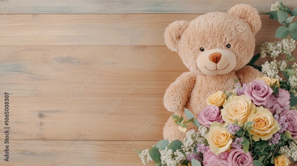 Obraz premium Teddy bear holding a bouquet of pastel roses and hydrangeas against a wooden backdrop, perfect for a Mother's Day gift.