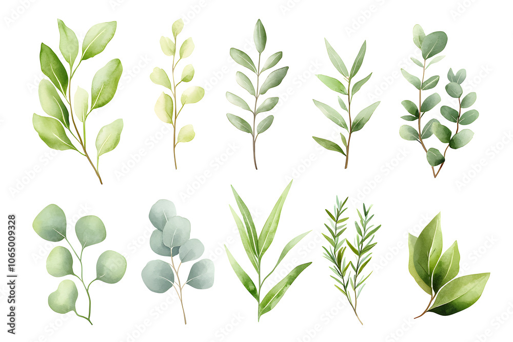 Obraz premium Watercolor green eucalyptus branch isolated on white 