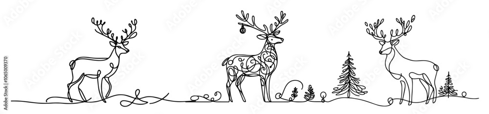 Continuous line art of holiday reindeer with ornaments – black vector design Continuous line art of holiday reindeer with ornaments – black vector design