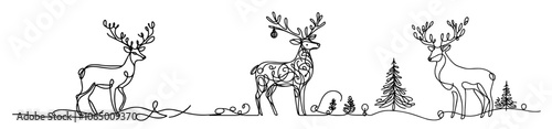 Continuous line art of holiday reindeer with ornaments – black vector design