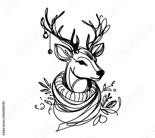 artistic sketch of a holiday reindeer, showcasing Christmas spirit with ornamented antlers black vector