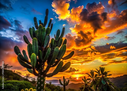 Silhouette of Leuenbergeria bleo Cactus Against a Sunset Sky, Showcasing Unique Leafy Structure and Natural Habitat in Central America's Shady Forests photo