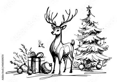 artistic sketch of a holiday reindeer, showcasing Christmas spirit with ornamented antlers black vector
