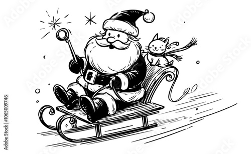 cheerful Santa on sled speeding down, perfect for festive and adventurous Christmas artwork black vector