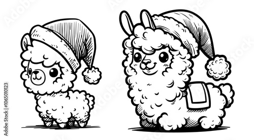 artistic holiday llamas in Santa hats, bringing warmth and joy to Christmas designs black vector