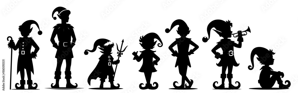 whimsical elf character set in silhouette, perfect for Christmas-themed designs and seasonal decor black vector whimsical elf character set in silhouette, perfect for Christmas-themed designs and seasonal decor black vector