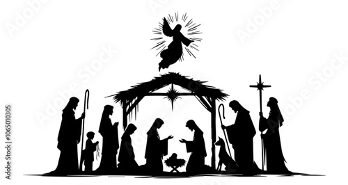 Religious Christmas nativity illustration with angel and cross