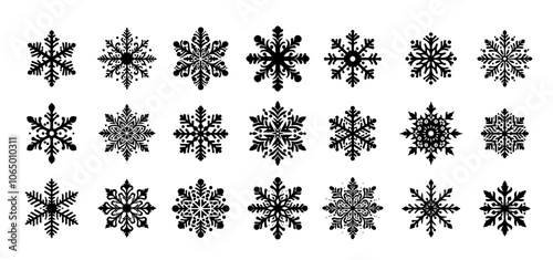 detailed winter snowflake collection in doodle art - black vector