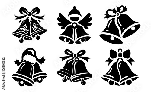 festive Christmas bells with ribbon and holly, ideal for adding cheer to holiday artwork black vector