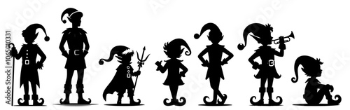 whimsical elf character set in silhouette, perfect for Christmas-themed designs and seasonal decor black vector